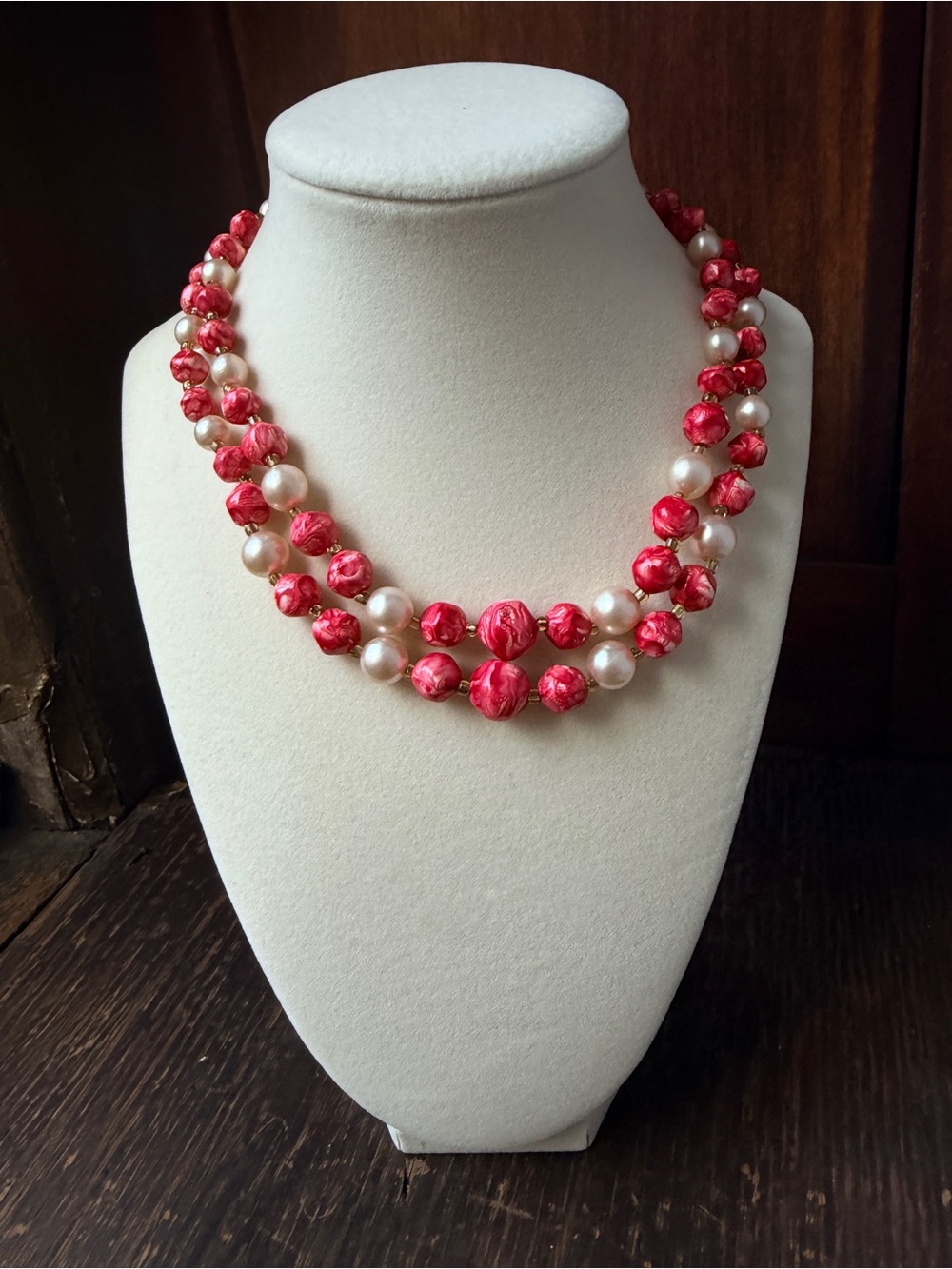 Two-Strand Pink Pearl and Bead Necklace Honkong marked